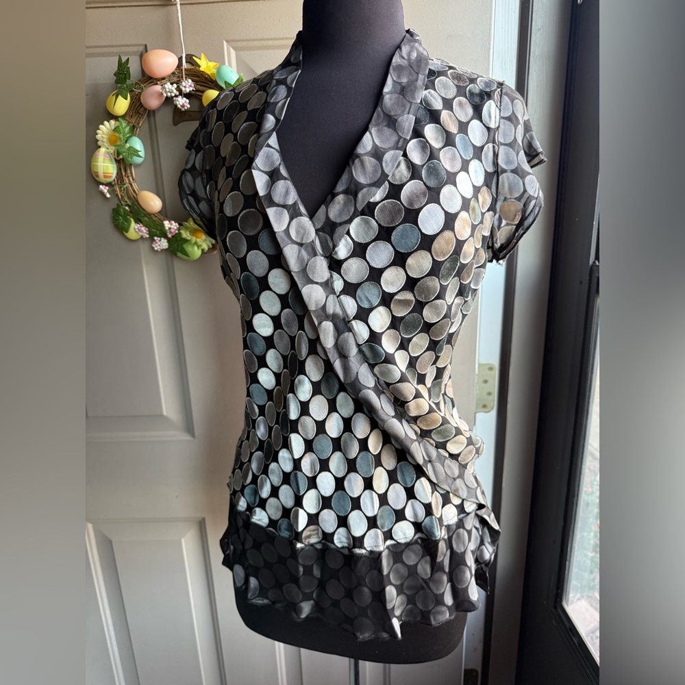 BCBG Max Azria polka dot asymmetrical hem silk blouse, size medium